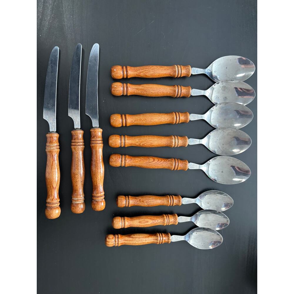 Vintage Stainless Steel Spoons & Knives Wooden Handle 11 Pieces